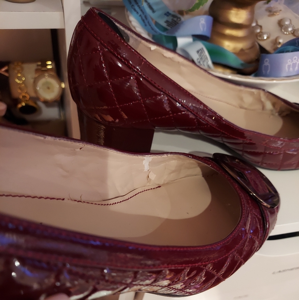 Anne Klein Burgundy Patent Quilted Low Block Heel Pumps with Buckle - Picture 11 of 11